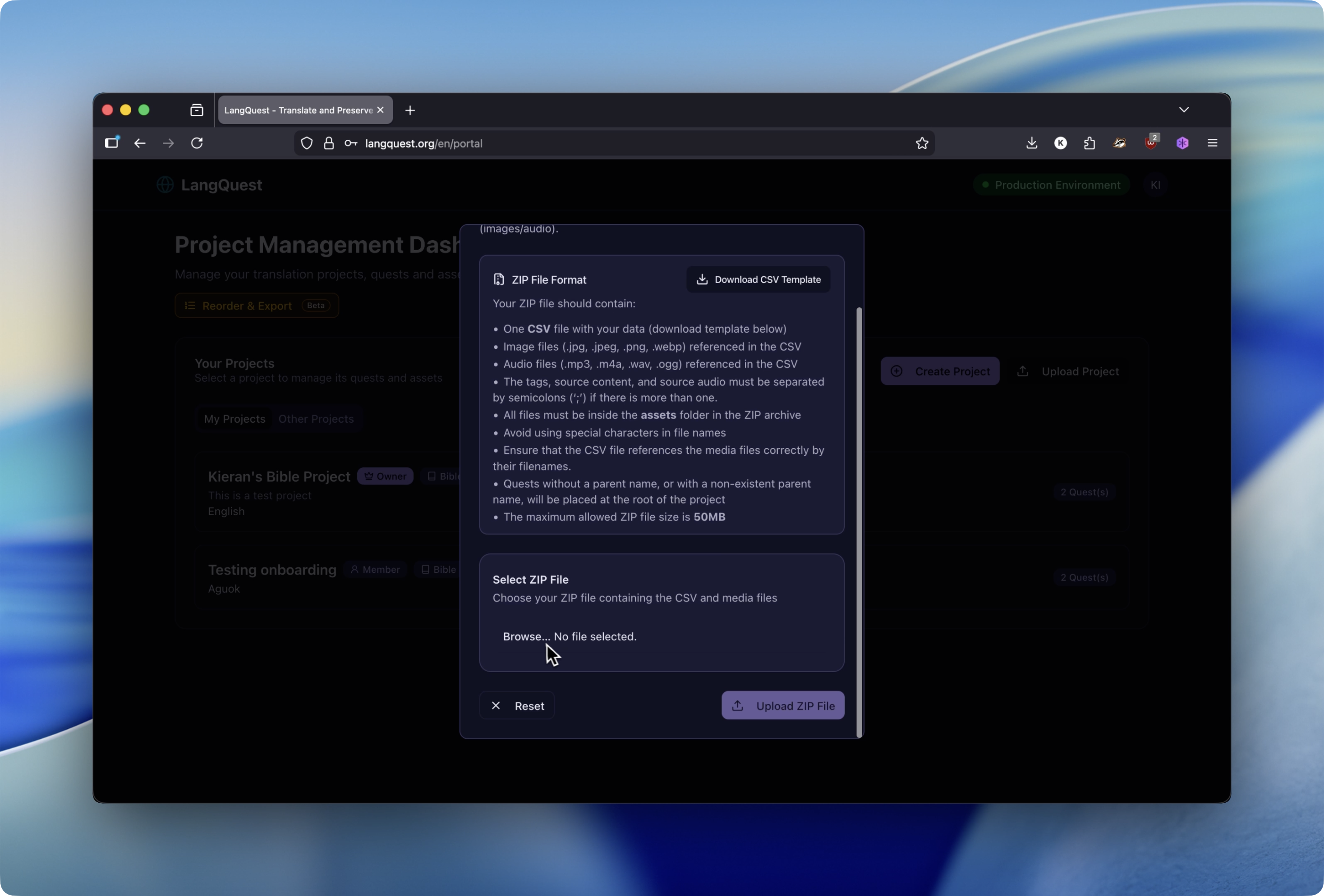 The Select ZIP File section of the popup with the Browse link highlighted
